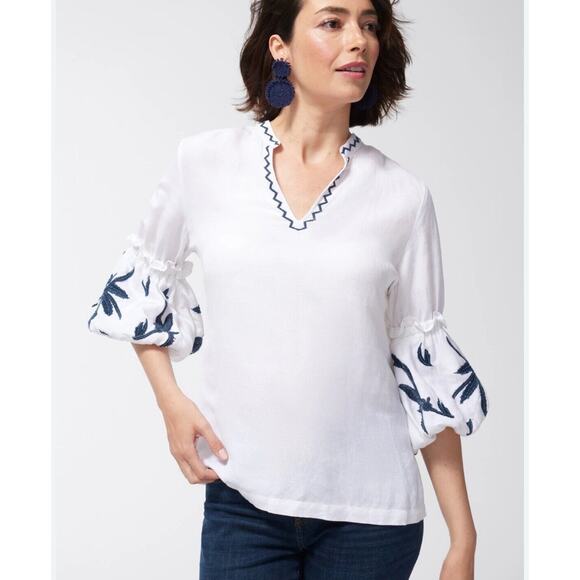 New CHICO’S Linen Peasant Top White Embroidered Lantern Sleeve Size 2 Large - Picture 1 of 10